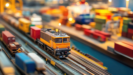 Intermodal transport scene showing trucks, trains, and ships at a central logistics centerの素材