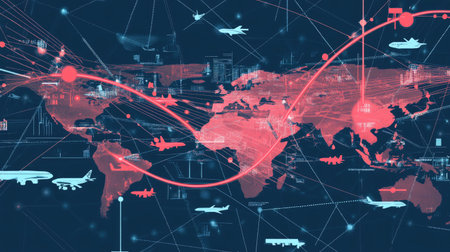 Logistics map showing cross-border transport activity with paths over international bordersの素材