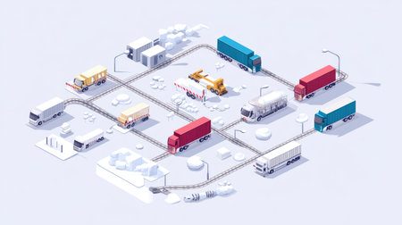 Isometric vector graphic of transportation services network with interlinked vehicles and nodesの素材