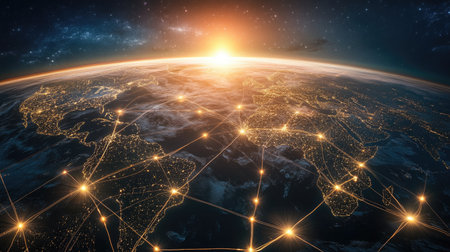 Intercontinental transportation network with key distribution centers highlighted in lightの素材