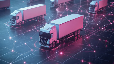 Logistic network illustration with delivery trucks connected by digital transportation pathsの素材