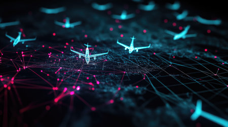 Overlay of global airport hubs with networked flight paths and digital aircraft iconsの素材