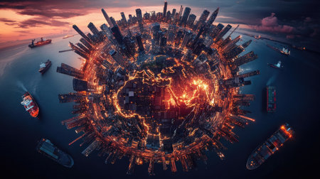 Planet Earth with transportation network visualized through trucks, cargo ships, and aircraftの素材