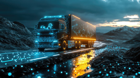 Night logistics operation showing vehicle lights in motion with digital overlaysの素材