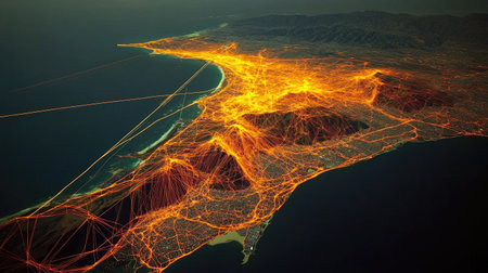 Satellite view of transportation corridors with data overlays showing vehicle density and routesの素材