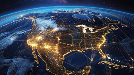 Satellite image with global cargo paths and major logistics centers marked by glowing nodesの素材