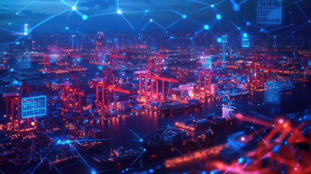 Shipping management system concept showing digital infrastructure of a transport networkの素材