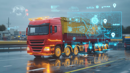 Side view of vehicle fleet under digital map with weather conditions and route markersの素材