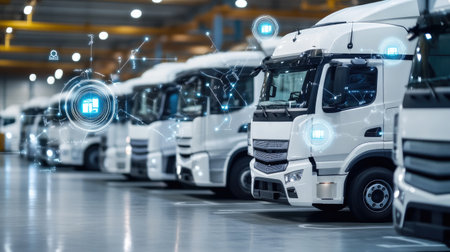 Shipping vehicles parked at large distribution center with cargo icons and tracking overlaysの素材