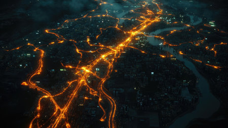 Satellite map showing active international freight corridors with glowing logistics linesの素材