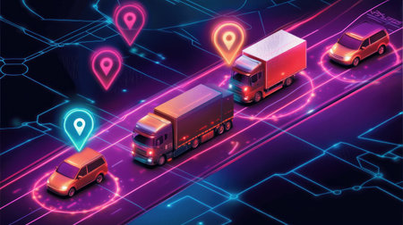 Smart transportation app with vehicle types, load capacity, and live route tracking interfaceの素材