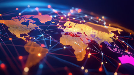 Smart logistics system showing cargo movement from Asia to Europe across digital mapの素材