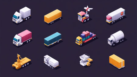 Stylized logistics icons representing various modes of transport including truck, ship, and air cargoの素材