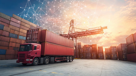 Truck-mounted containers at a shipping yard with visual supply chain mapping overlaysの素材