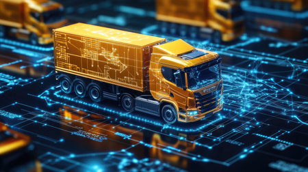 Transportation logistics flowchart with vehicles, arrows, and distribution center visualsの素材
