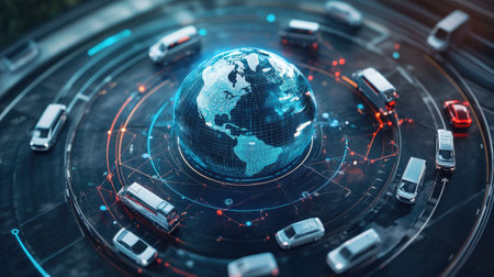 Transportation technology linking continents shown through digital globe and vehicle iconsの素材