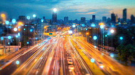 Smart transportation management system interface over a blurred city traffic backgroundの素材