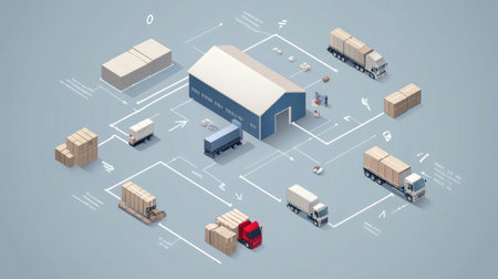 Transportation logistics flowchart with vehicles, arrows, and distribution center visualsの素材