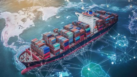 High-tech graphic of international shipping lanes with cargo icons and data overlaysの素材