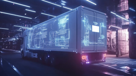 Branded express truck in motion through industrial district with digital info tagsの素材