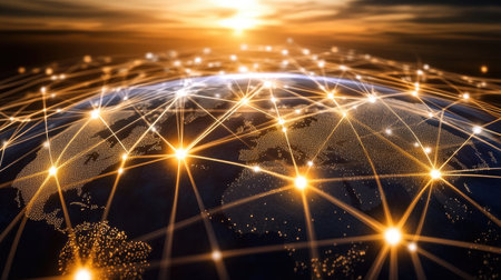 Centralized hub of transportation routes linking continents in a freight transport networkの素材