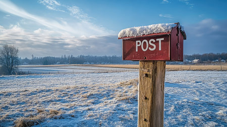 A mailbox labeled POST standing alone in a freshly snow-covered fieldの素材