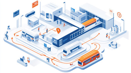 Diagram of transportation lifecycle with arrows, checklists, and icons for planning and executionの素材