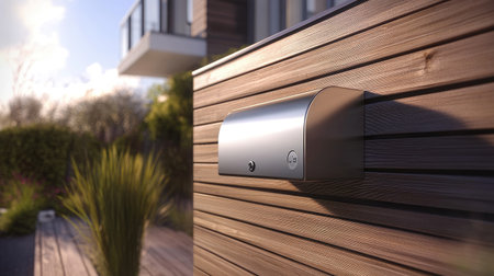 Wall-mounted mailbox with sleek aluminum design on a clean modern residential faadeの素材
