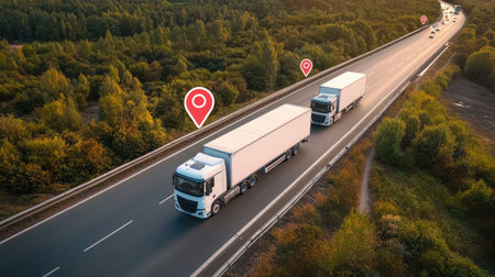 Logistics trucks in motion on a highway with map lines and delivery point indicatorsの素材