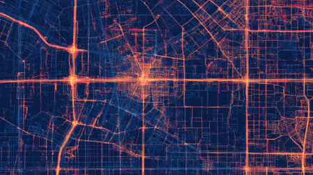 Stylized map showing logistics transport routes between cities and industrial centersの素材