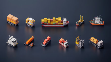 Stylized logistics icons representing various modes of transport including truck, ship, and air cargoの素材