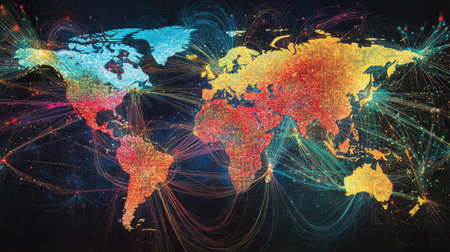 Cross-border logistics map showing shipping paths between continents with data overlaysの素材