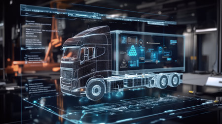 Augmented reality interface displaying delivery routes and live freight updatesの素材