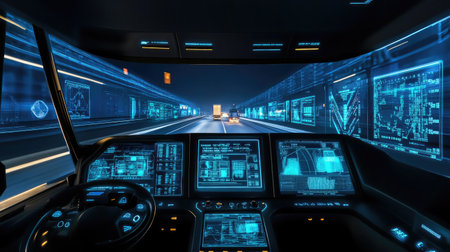 Futuristic logistics control panel with AR overlays and predictive transport analyticsの素材