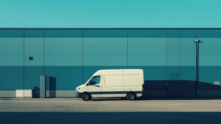Delivery van parked outside a distribution center with digital route screen visibleの素材