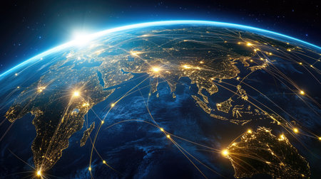 Global delivery routes forming a circular network pattern around planet Earthの素材