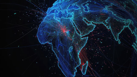 Global delivery routes forming a circular network pattern around planet Earthの素材