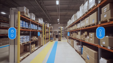 Logistics warehouse with sections labeled by destination zone and equipped with smart scannersの素材