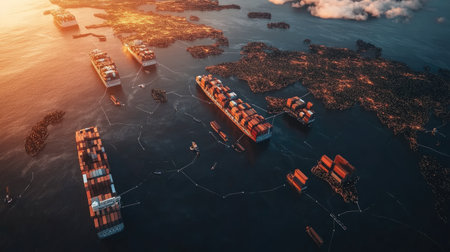 Intermodal transport connections over a dark global map showing efficiency in global shippingの素材