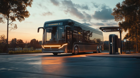 Electric public transport bus charging at a clean energy stationの素材