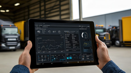 Remote transportation service control dashboard on a tablet showing fleet status and locationsの素材