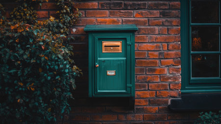Sturdy weatherproof parcel box outside a cottage-style home under cloudy skiesの素材