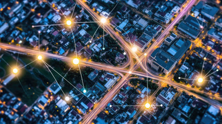 Top-down view of city logistics grid with flashing nodes representing transportation servicesの素材