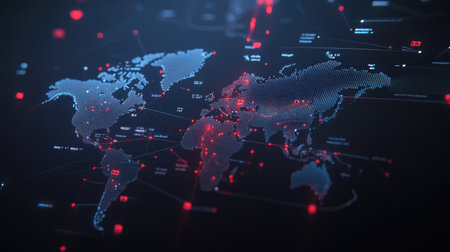 World map interface with logistics updates, showing freight loadings and paths in motionの素材