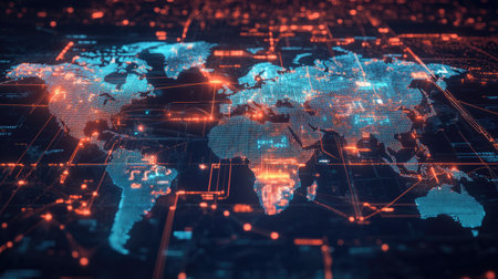 World map interface with logistics updates, showing freight loadings and paths in motionの素材