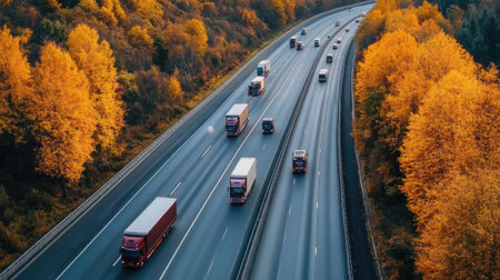 Drone shot of highway with multiple branded transport service vehicles in organized flowの素材