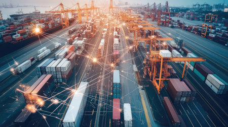 Ports, warehouses, and transport vehicles linked on a digital logistics map of the worldの素材