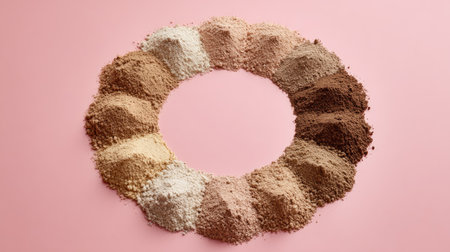 This image showcases a vibrant circle of various natural powder spices arranged on a soft pink background, perfect for culinary inspiration and creative presentations.の素材