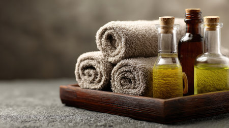 A visually appealing arrangement featuring soft towels and bottles of oil on a rustic wooden tray, ideal for promoting a calming and restorative atmosphere.の素材