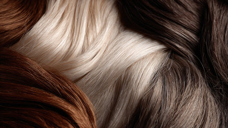 This close-up image captures the intricate details of different hair colors and textures, showcasing smooth strands in natural shades, ideal for beauty and hair content.の素材